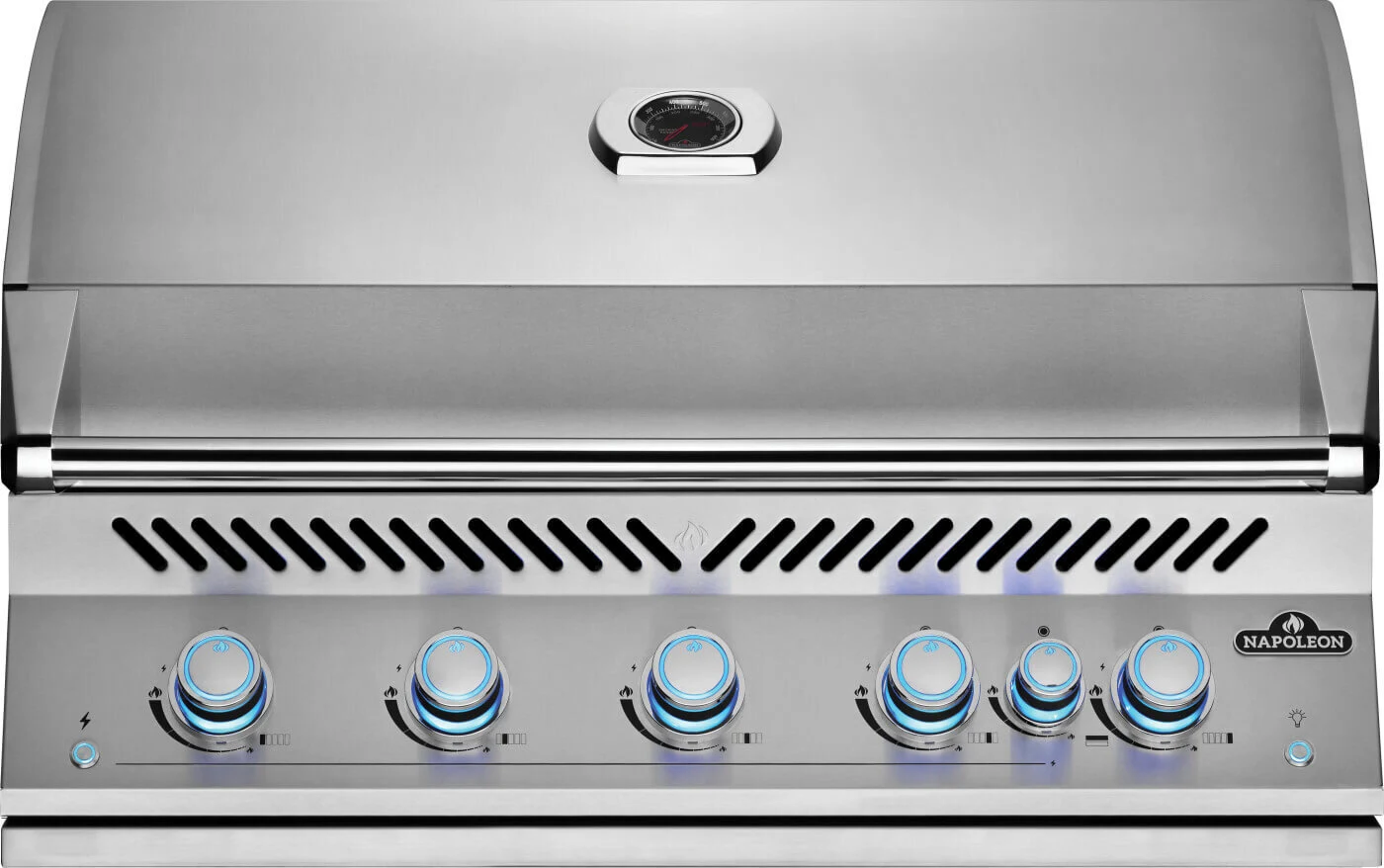 Napoleon Built-In 700 Series 38 RB stainless steel built-in gas grill with ACCU-PROBE temperature gauge and blue backlit control knobs.