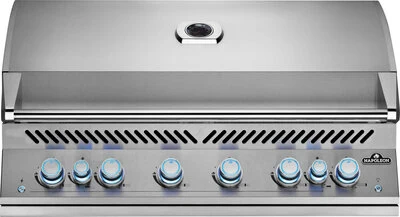Front view of the Napoleon Built-In 700 Series 44-inch grill head with eight glowing blue control knobs.