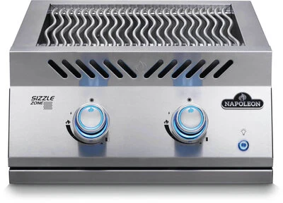 Front view of the Napoleon 18-inch drop-in infrared sear station with stainless steel body and dual control knobs.
