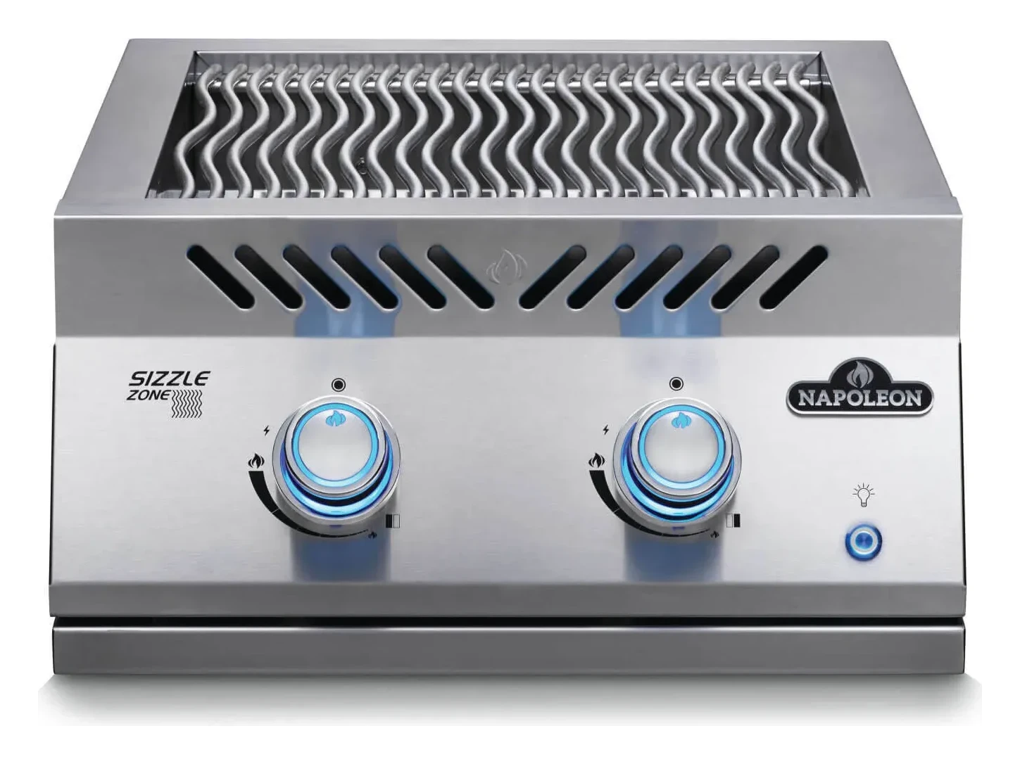 Napoleon Built-In 700 Series dual infrared SIZZLE ZONE burner with WAVE stainless steel cooking grids and two blue backlit control knobs.
