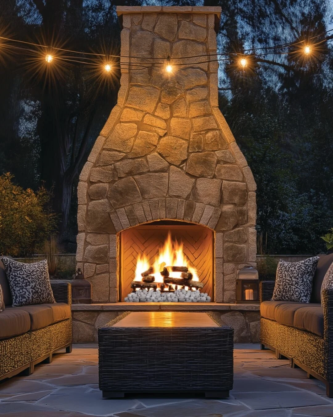 A floor-to-ceiling stone outdoor fireplace with an active wood fire set into a rustic stone surround.