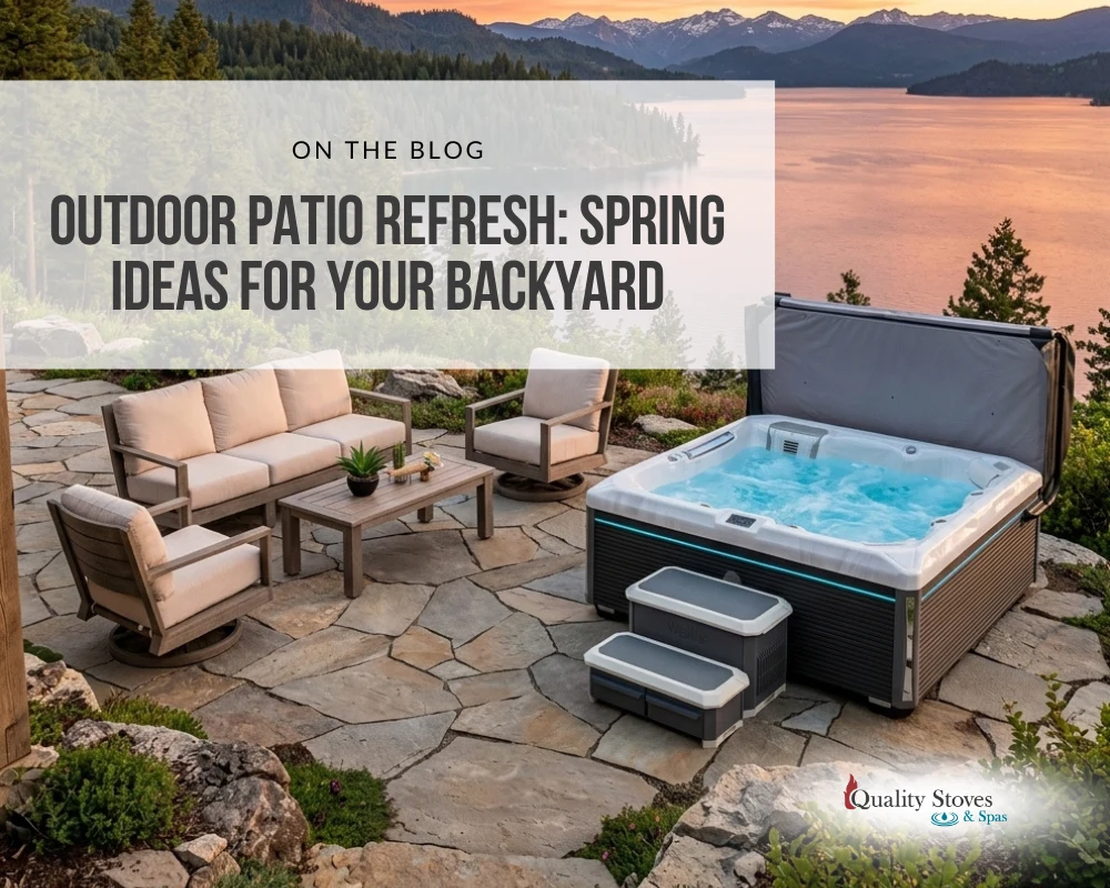 Spring outdoor patio refresh with patio furniture and fire feature in North Idaho backyard.