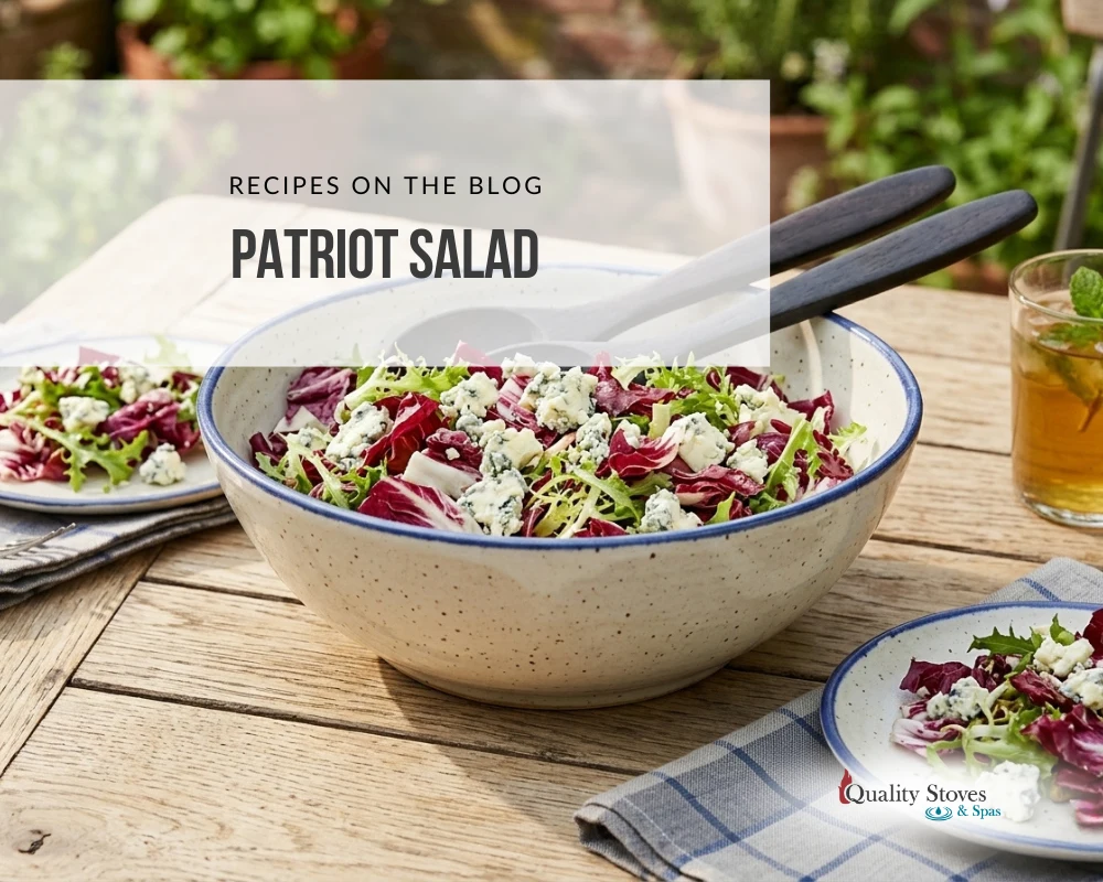 Patriot salad with radicchio, mixed greens, and blue cheese crumbles served in a rustic bowl outdoors.