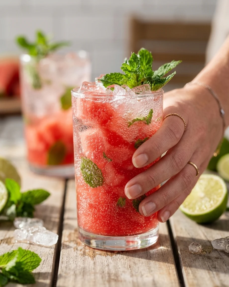 A hand holding a glass of sparkling watermelon mint cooler mocktail with ice and fresh mint, surrounded by lime halves and mint leaves on a wooden surface.