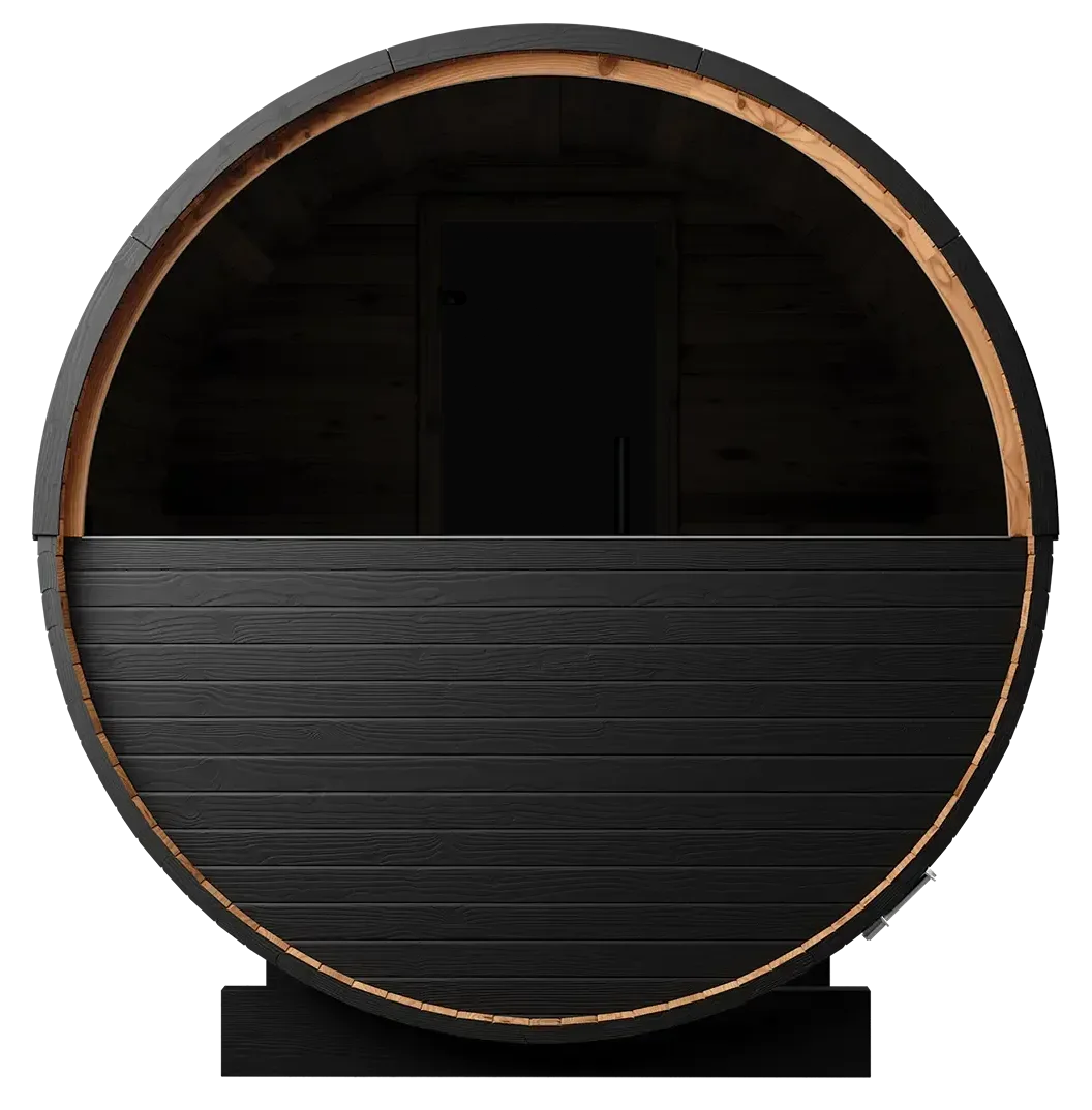Thermory Ignite Barrel Sauna back view with half-moon window