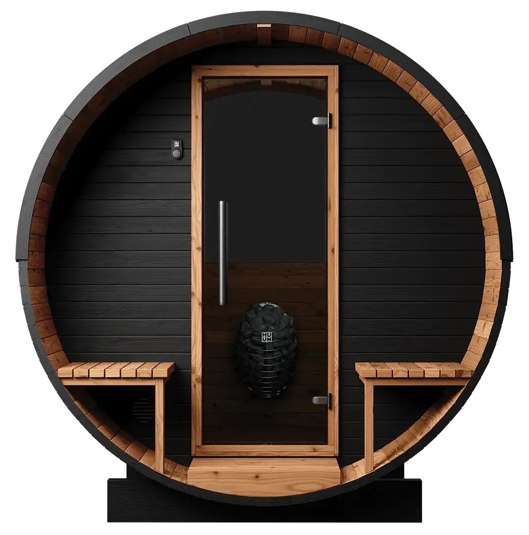 Thermory Ignite Barrel Sauna front view with glass door and porch benches