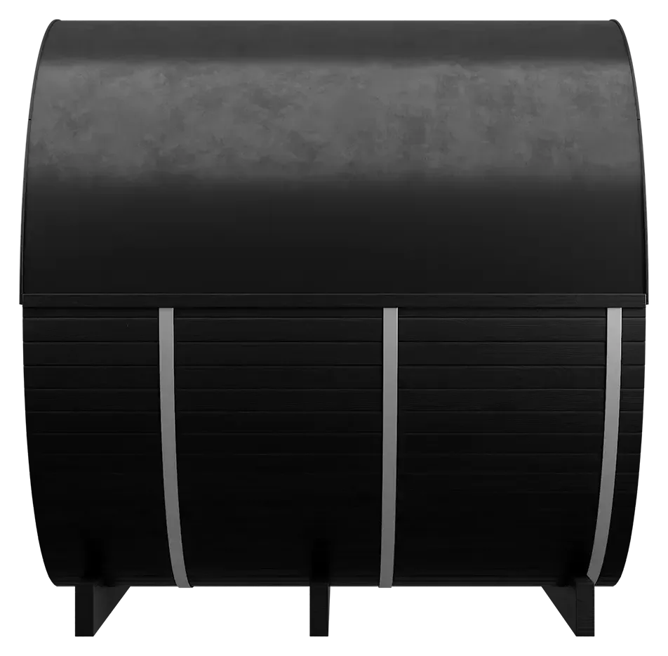 Thermory Ignite Barrel Sauna side view showing the charred Ignite finish