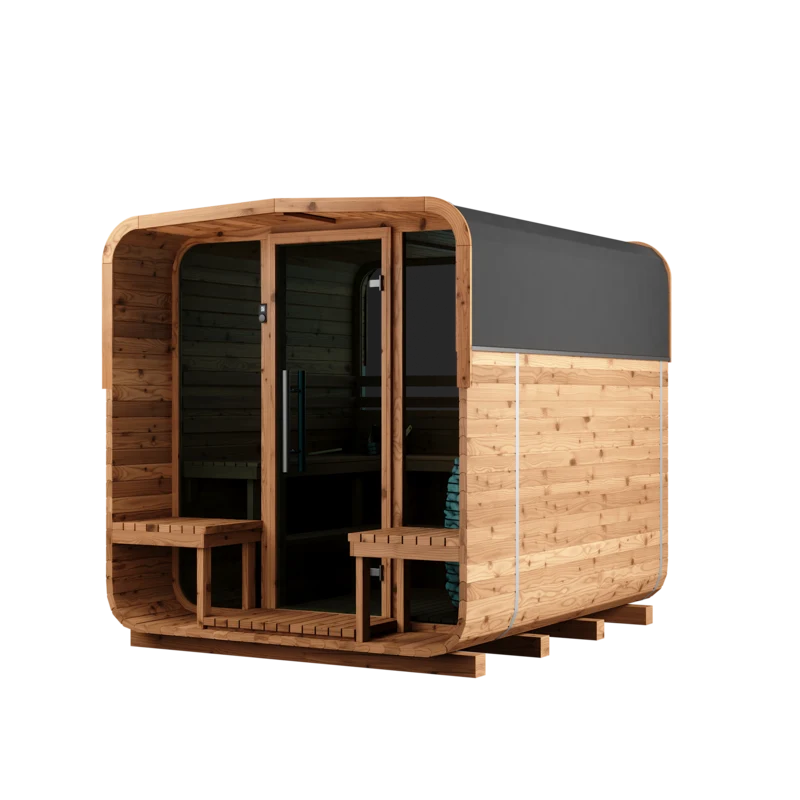 Thermory square outdoor sauna with a glass front door and wooden benches on the porch.