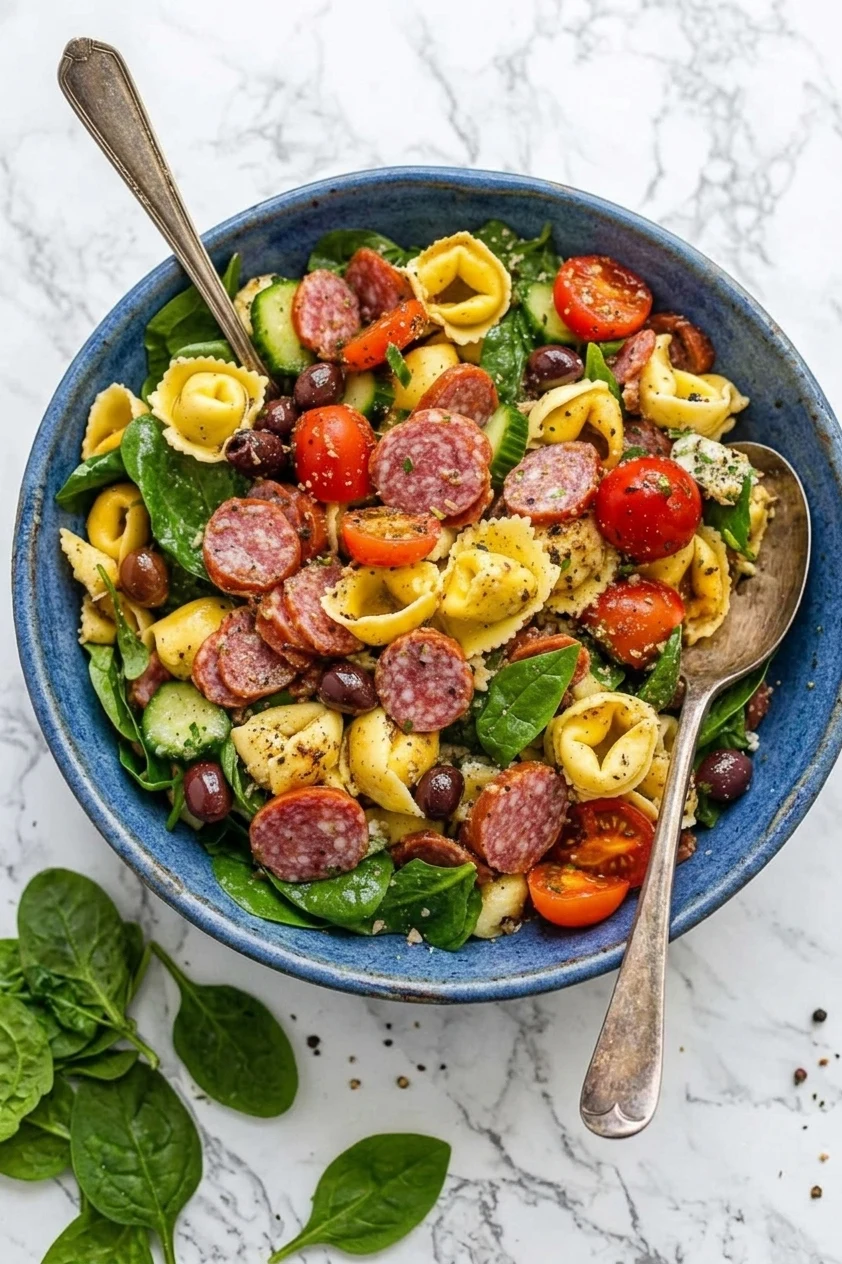 A blue bowl of tortellini pasta salad with salami, cherry tomatoes, spinach, Kalamata olives, and cucumber, served with two vintage spoons on a marble surface.