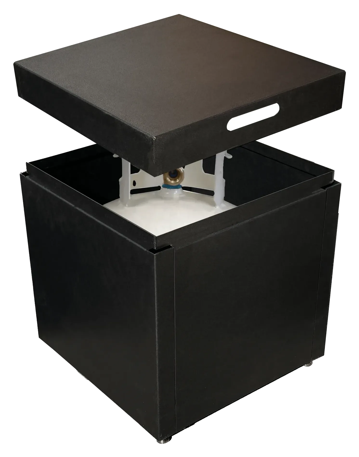 Warming Trends AON square fire table with the top lifted showing the burner pan and base