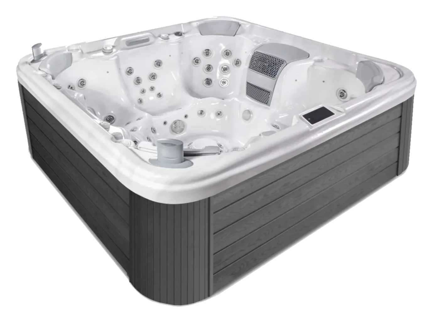 Angled exterior view of the Wellis Mont Blanc 7-seat hot tub with dark cabinet surround