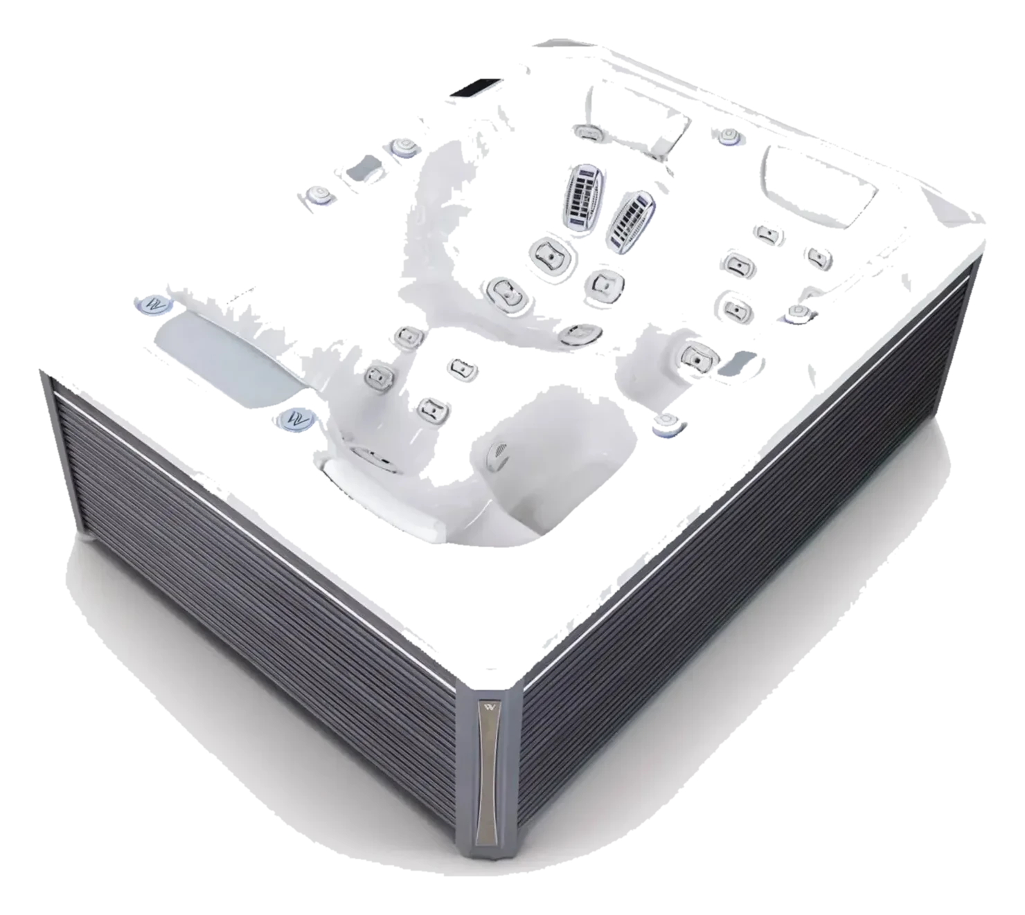 Angled exterior view of the Wellis Teide Life 3-seat hot tub with dark cabinet surround.