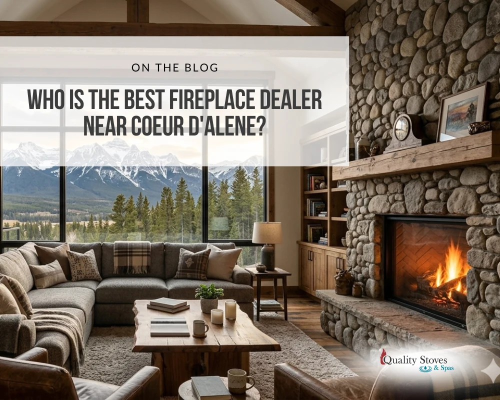 Stone fireplace in a cozy North Idaho living room near Coeur d'Alene with mountain views and natural wood accents.