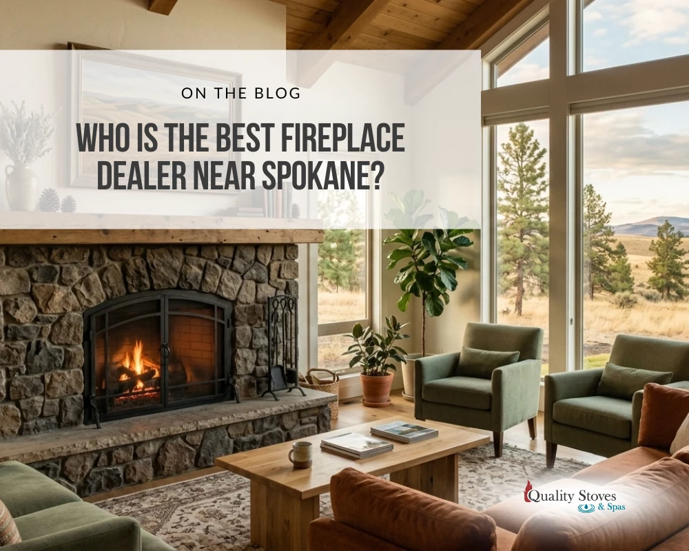 Stone wood burning fireplace in a modern living room near Spokane styled with natural wood and mountain views.