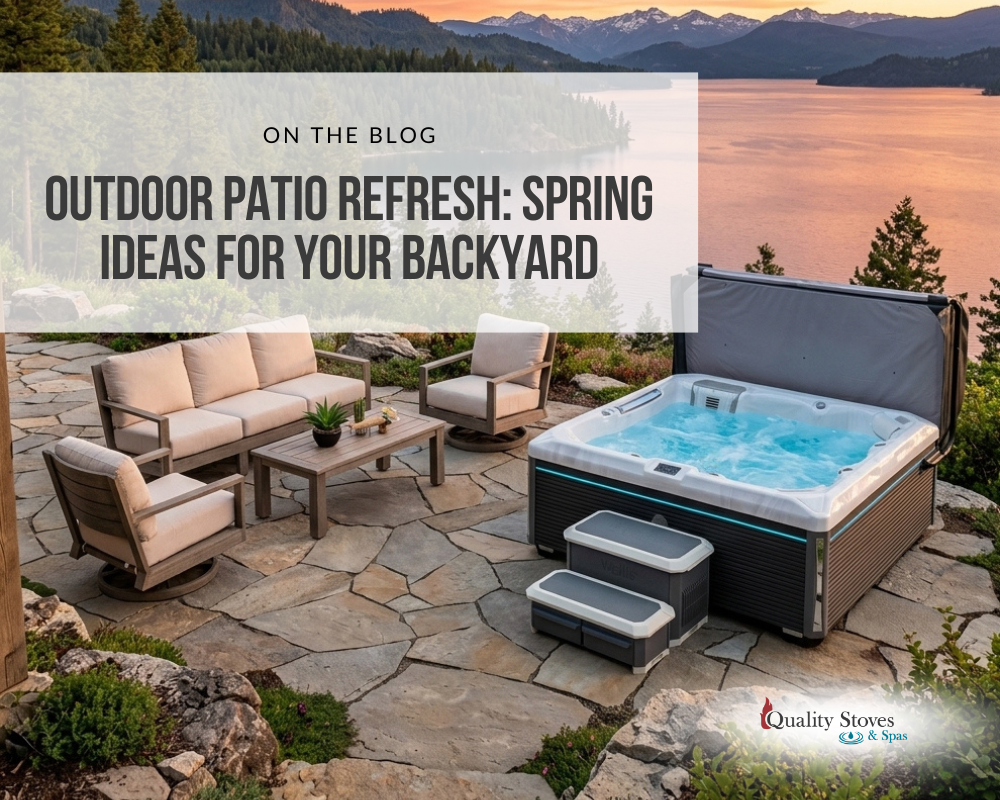 Spring outdoor patio refresh with patio furniture and fire feature in North Idaho backyard.
