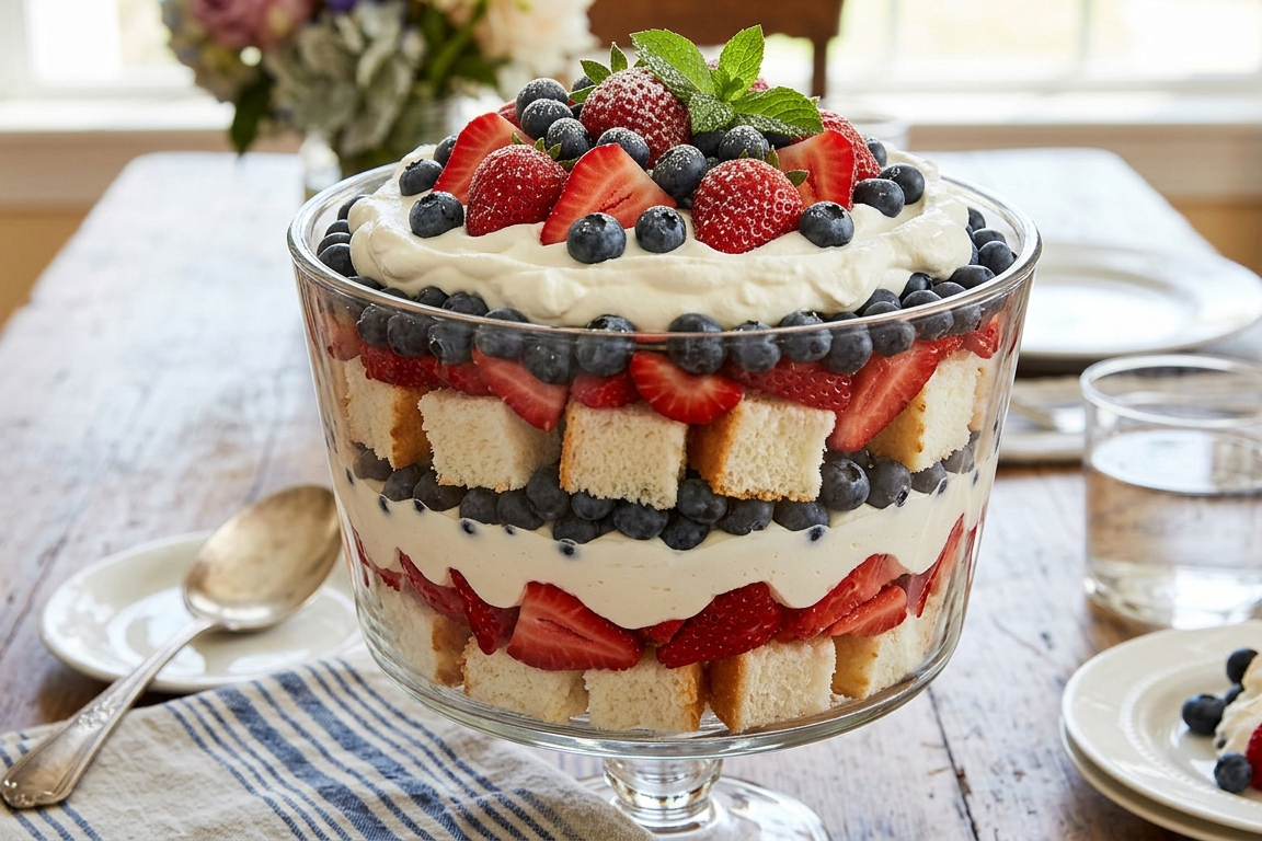 A large glass trifle dish layered with angel food cake cubes, cream cheese whipped cream, fresh strawberries, and blueberries, topped with mint and served on a rustic wooden table.